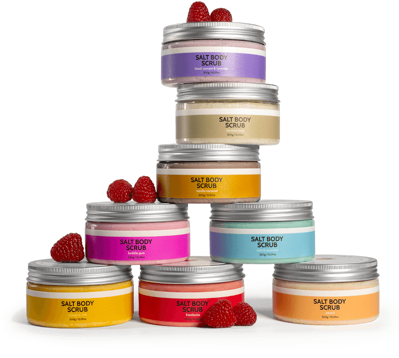 piramyd of all scrubs with raspberry on top of some cans